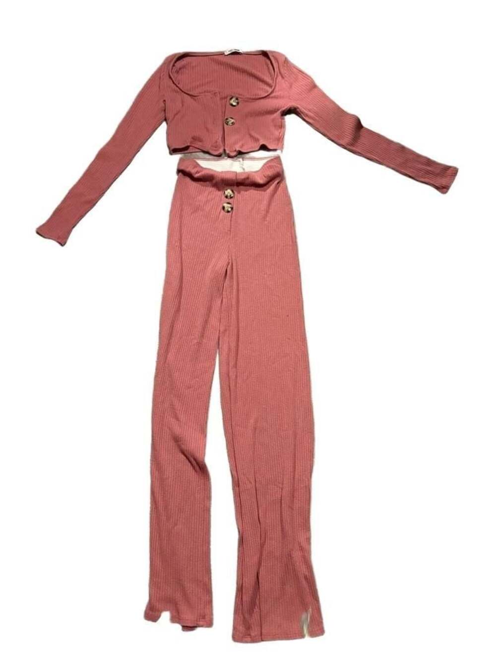Fashion Nova Morgan Ribbed Long Sleeve Crop Top And Pant 2-Piece Set Mauve Pink